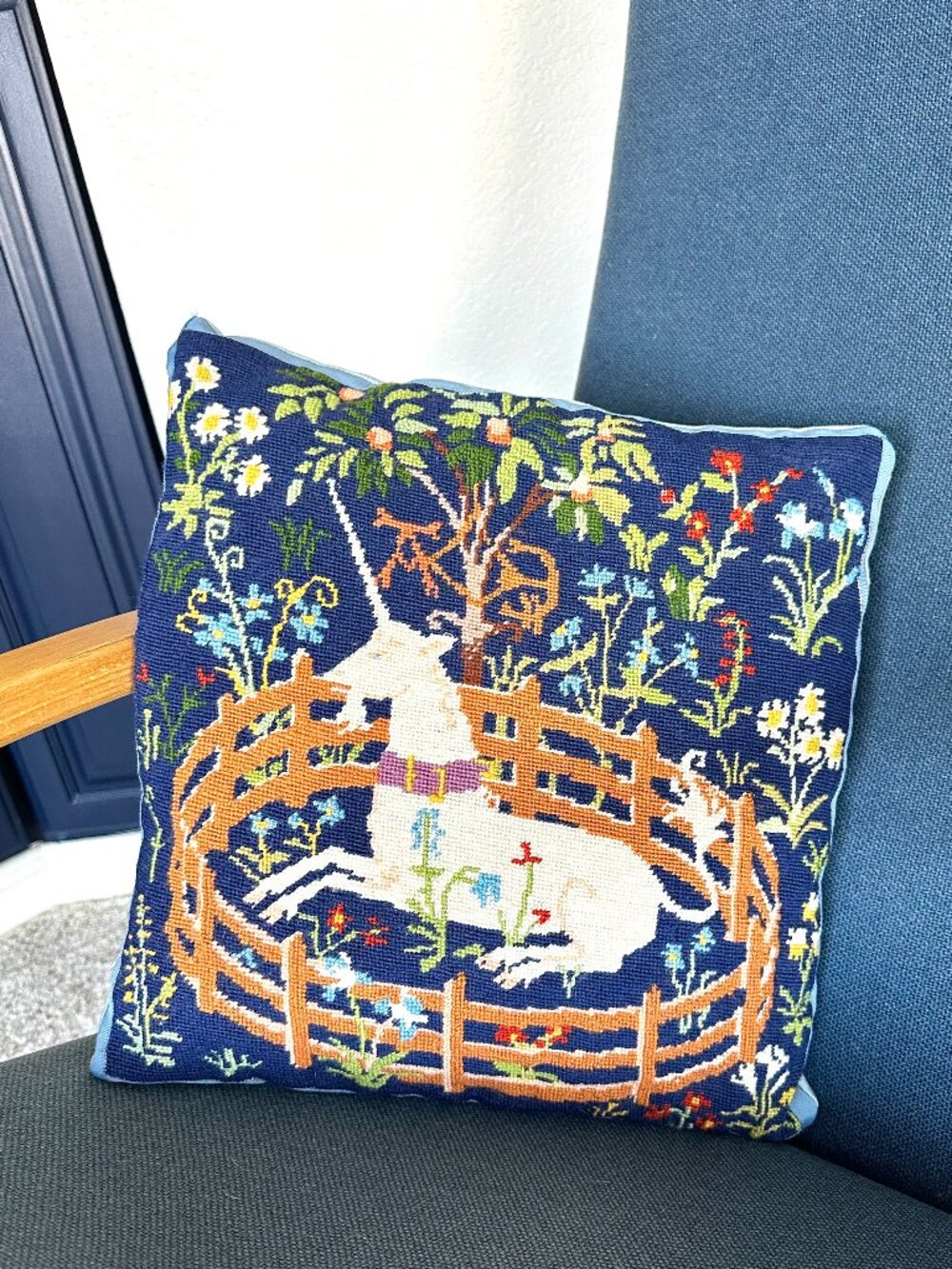Vintage Handmade Unicorn in Captivity Needlepoint Pillow
